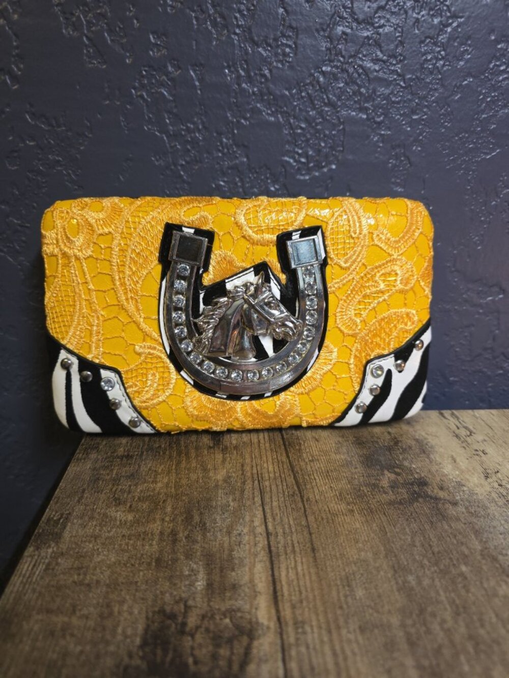 Alyssa Western HORSE Wallet Yellow/Black Zebra Print & Lace Silver Horseshoe NEW
